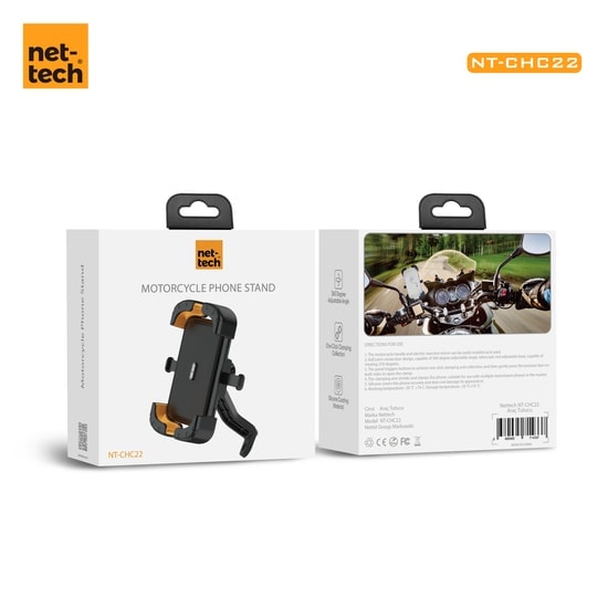 Nettech NT-CHC22 Bisiklet Motosiklet Telefon Tutucu (NT-106763) - Siyah, Kıskaçlı Tasarım, Gidon Bağlantılı, Universal